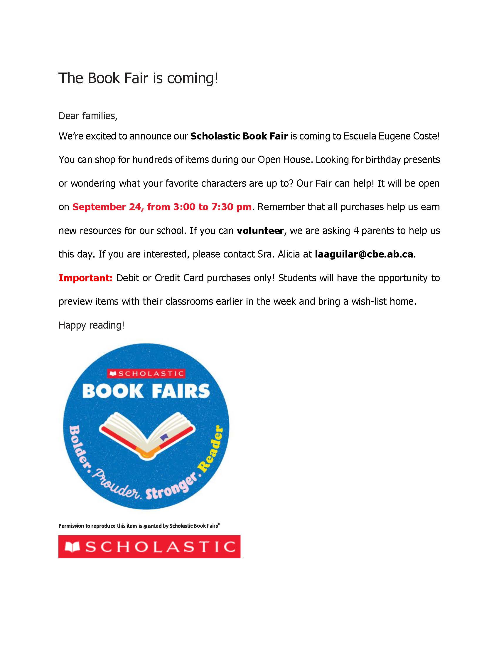 Scholastic Book Fair Announcement ECS